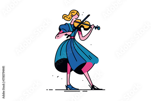 Young woman playing violin in a colorful dress during a performance. Colorful vector