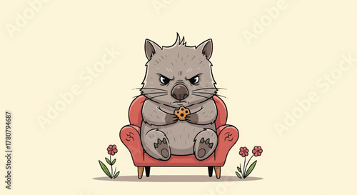 Wombat on a Couch: A grumpy wombat sits with an annoyed expression, clutching a cookie in its paws while perched on a cozy red couch, with two small roses, creating a humorous contrast.