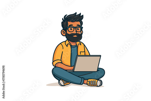 Young man working on laptop while sitting cross legged at home. Colorful vector