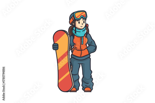 Snowboard girl ready for winter sports adventure in the mountains. Colorful vector