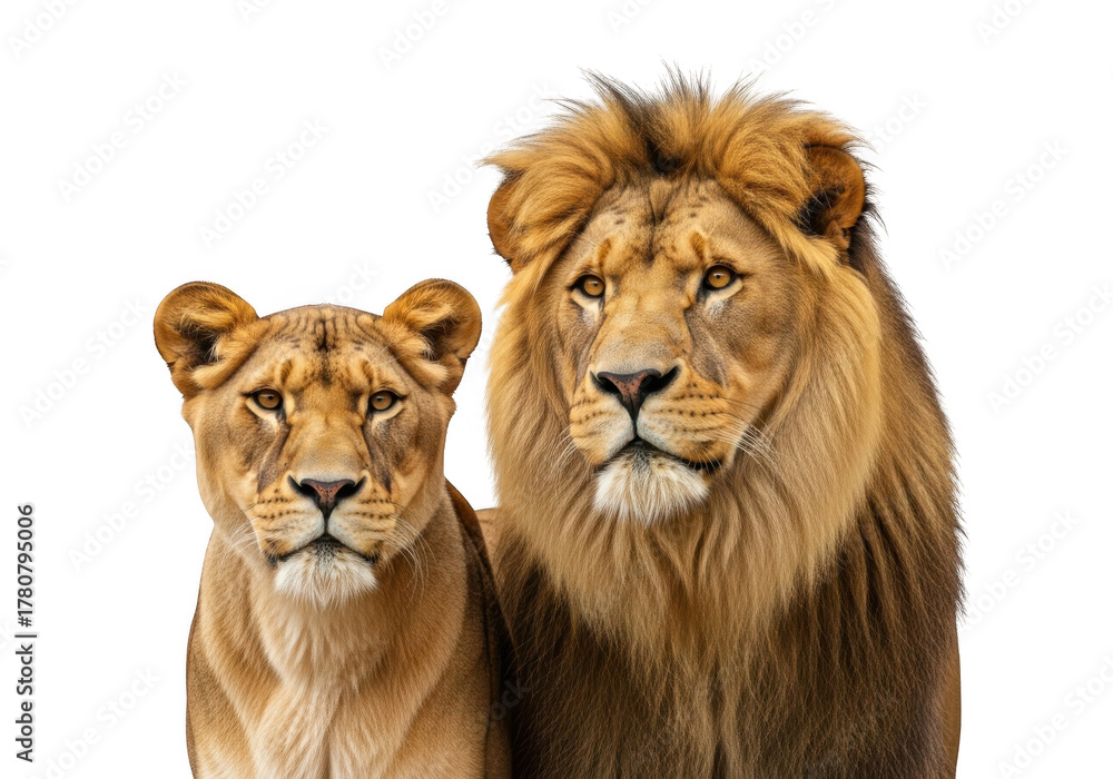 Obraz premium Majestic lion and lioness portrait wildlife photography animal kingdom feline predators couple isolated on transparent background