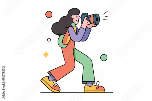 Capturing moments with a camera on the go in vibrant colors. Colorful vector