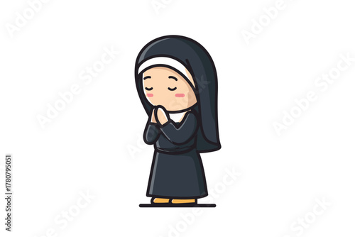 Nun praying in traditional clothing with hands clasped in devotion. Colorful vector