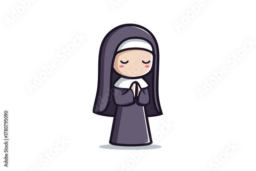 Tiny nun praying with folded hands and a peaceful expression. Colorful vector