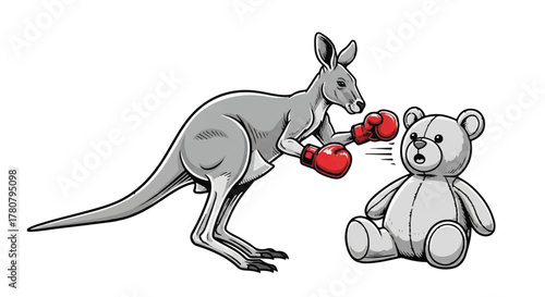 Kangaroo boxer fighting bear: A fun illustration of a kangaroo wearing boxing gloves, sparring with a teddy bear. A whimsical scene capturing playful animal interaction.