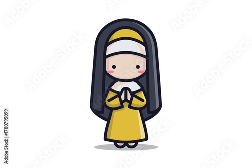 Cartoon character of a nun in traditional attire with hands together. Colorful vector