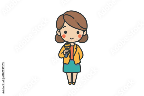 Young woman holding a microphone in a bright outfit for a presentation. Colorful vector