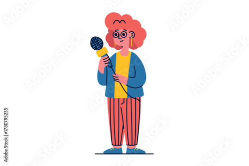 Young performer with microphone ready to entertain audience. Colorful vector