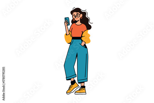 Stylish young woman using smartphone in casual outfit. Colorful vector