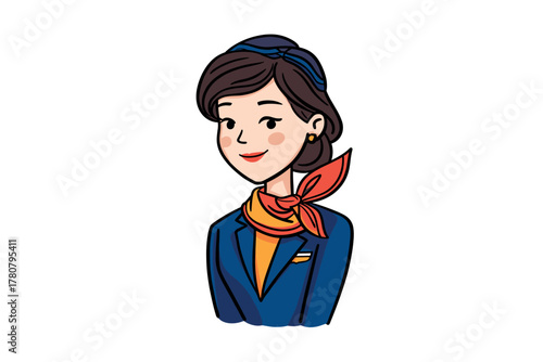 Female flight attendant in uniform with scarf ready for duty. Colorful vector