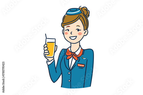 Flight attendant serving refreshing beverage on an airplane journey. Colorful vector