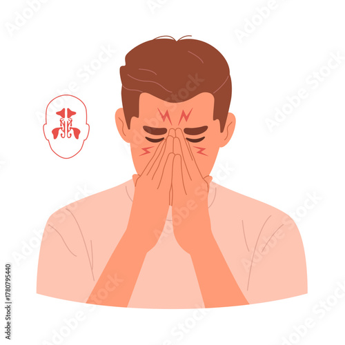 Vector man holding his nose with sinusitis. Otolaryngological problems of sinus infection or frontal sinus. Sick and runny nose with pain and inflammation