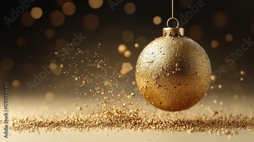 Gold Christmas Bauble Shines With Suspended Dust Particles Creating a Magical Atmosphere