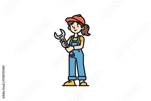 Female mechanic holding a wrench in casual overalls and cap. Colorful vector