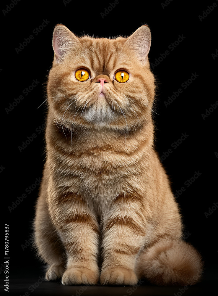 Obraz premium Adorable brown tabby cat with striking yellow eyes posed gracefully against a dark background.