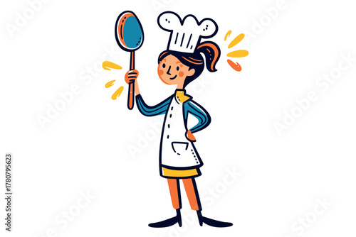 Chef character with a spoon celebrating culinary creativity. Colorful vector