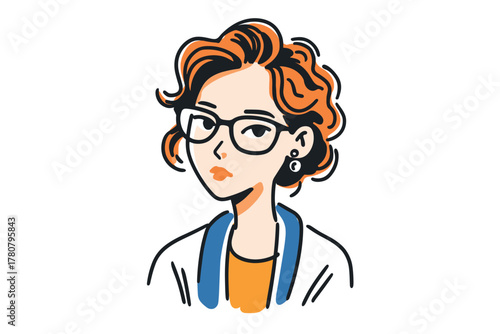 Young woman with curly hair and glasses in a casual setting. Colorful vector