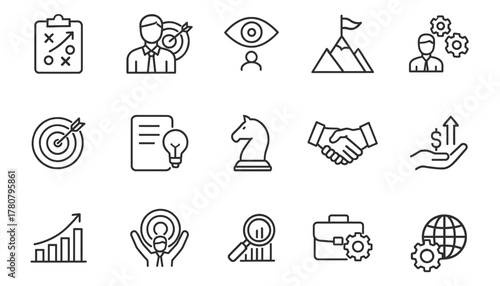 Business strategy and planning icons for growth and success concepts