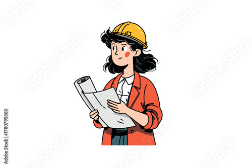 Construction project management with a female engineer holding plans. Colorful vector