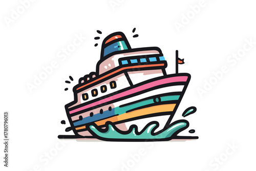 Colorful boat sailing on waves in a sunny seaside setting. Colorful vector