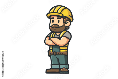 Construction worker character in safety gear standing confidently. Colorful vector