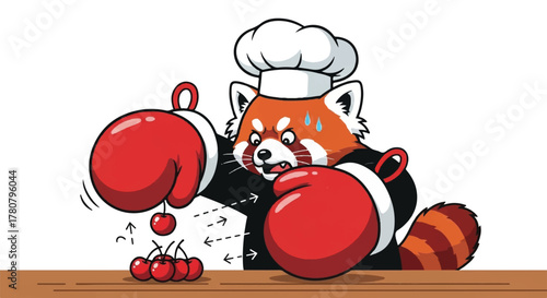 Chef panda in kitchen: a culinary panda in chef attire, intensely focused, utilizes boxing gloves to prepare fresh cherries in a whimsical cooking scene.
