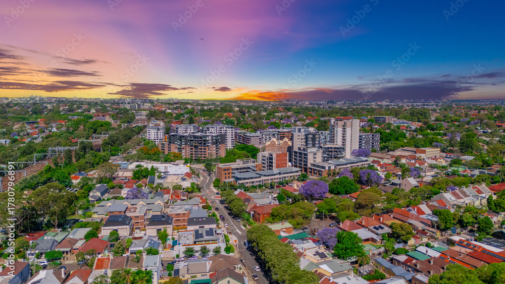 Fototapeta premium Panorama Drone Aerial view of Summer Hill Lewisham Ashfield of Suburban federation residential houses in Sydney NSW Australia