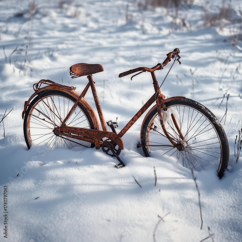 Rusty bicycle resting in snow-covered field during winter season  