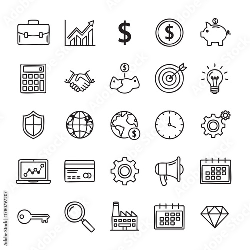 Business and Finance Icons Hand Drawn Vector Set Illustration