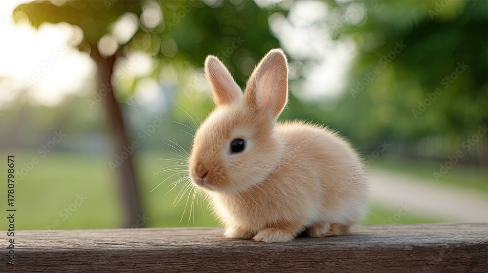 Obraz premium Cute and Adorable Baby Rabbit Sitting on a Wooden Fence in a Beautiful Green Park During a Sunny Day with Soft Natural Light