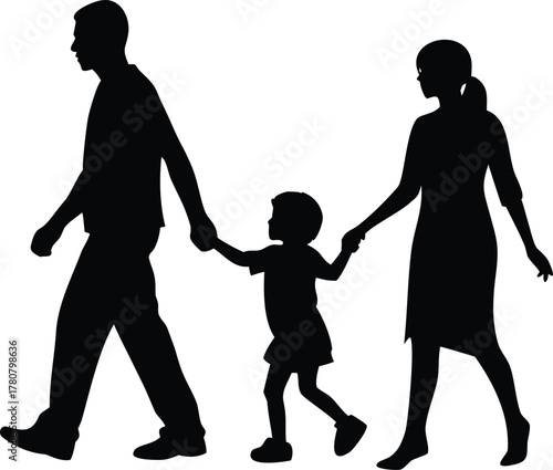 Black vector silhouette illustration of a couple, mother, father, and son walking 