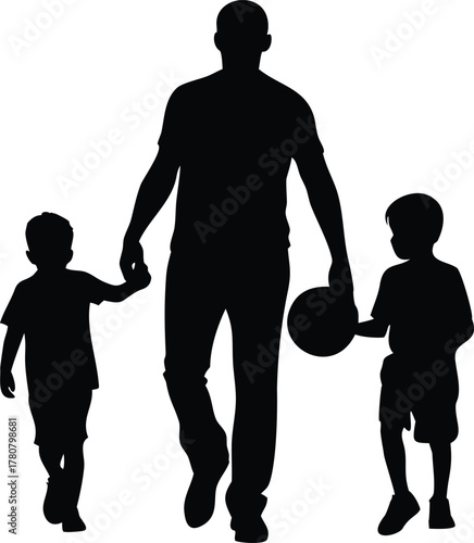 Black vector illustration of a father, son silhouette walking, holding hands, showing family love and happy people