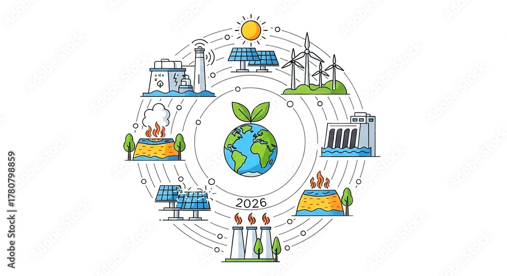 Obraz premium Renewable energy sources and pollution sources forming a cycle around planet Earth.