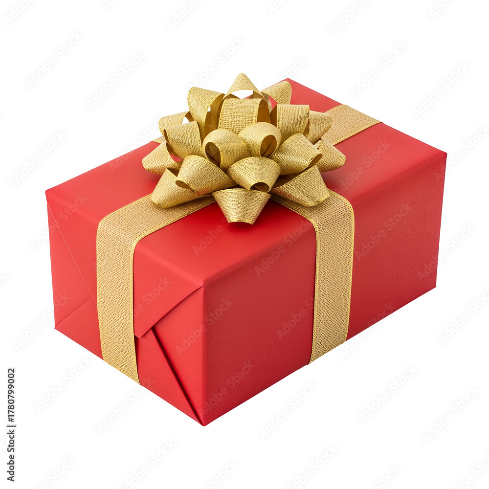 Obraz premium Red gift box with gold ribbon and bow wrapped present for Christmas or birthday Isolated on transparent background, png