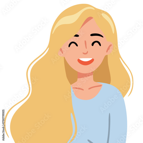 A smiling blonde woman with long hair. Happy female character headshot for profile picture, avatar, or social media. Cheerful person.