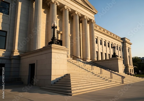 Majestic neoclassical building entrance bathed in warm golden hour sunlight, showcasing grand columns and expansive stone staircase leading to a prominent doorway