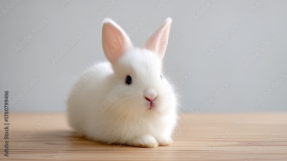 Obraz premium Cute fluffy white rabbit sitting on a wooden surface with soft lighting, showcasing its adorable features and gentle expression in a serene setting