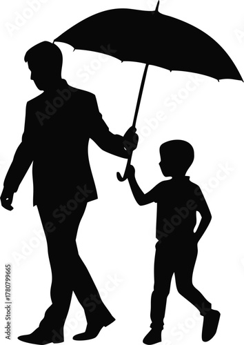 Silhouette vector illustration of a man walking in the rain with an umbrella, holding a child