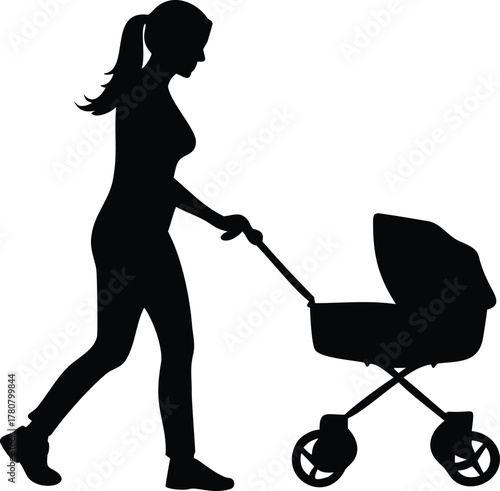 Woman pushing baby stroller of silhouette