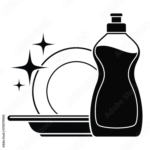 Dishwashing Liquid Bottle and Stack of Clean Plates Icon Design