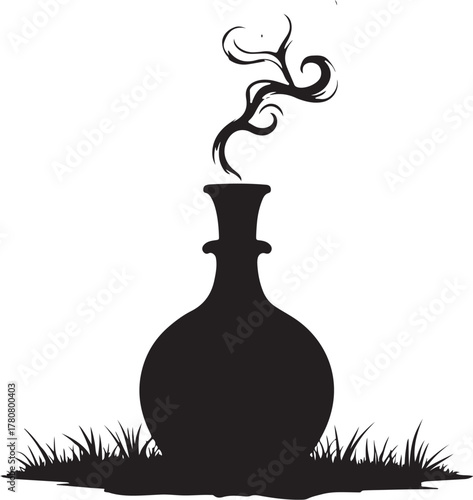 Black silhouette of a bottle with swirling smoke and grass