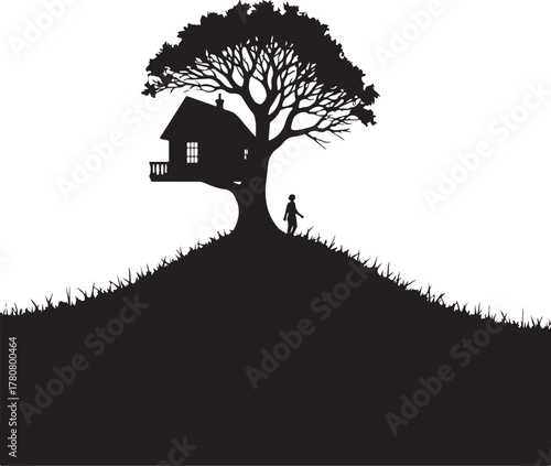 Black silhouette of a child standing near a treehouse on a grassy hill