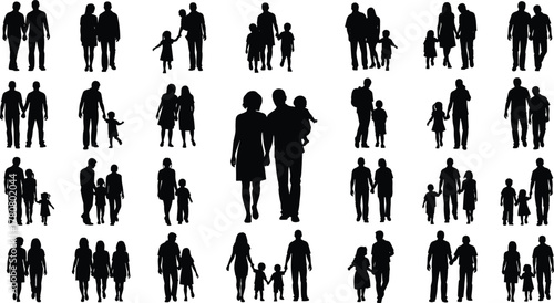 Family silhouettes walking together, parent and child figures, unity and love, family relationships, caring parents concept, flat vector illustration