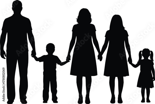 Family unity, holding hands, black silhouette, togetherness, parents and children, community support, love, care, bonding, teamwork, flat vector illustration