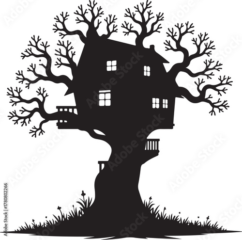 Black silhouette of a spooky treehouse with bare branches