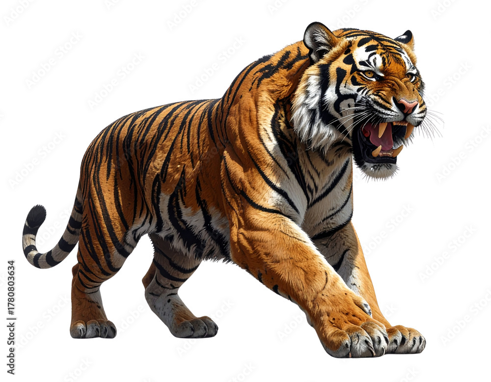 Fototapeta premium Saber-Toothed Tiger Side Profile, Mid-Roar, Pouncing Pose, Isolated