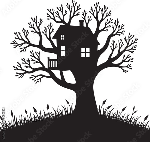 Black silhouette of a treehouse on a bare tree with grass