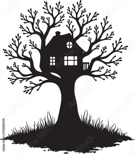 Black silhouette of a treehouse on a bare tree with grass