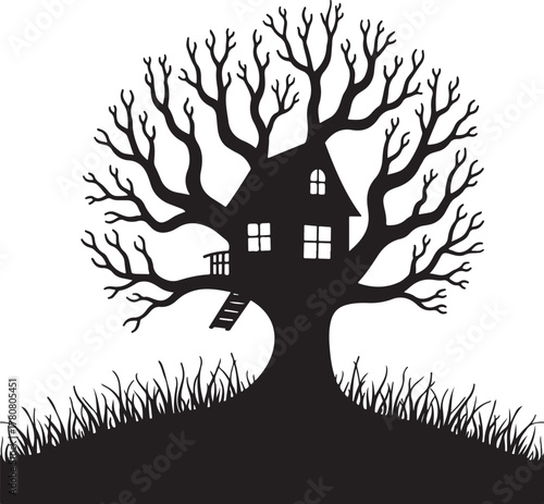 Black silhouette of a treehouse on a bare tree with grass