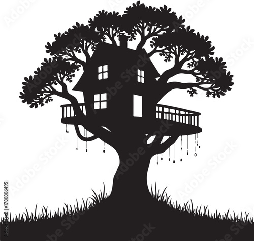 Black silhouette of a treehouse with a balcony and hanging decorations